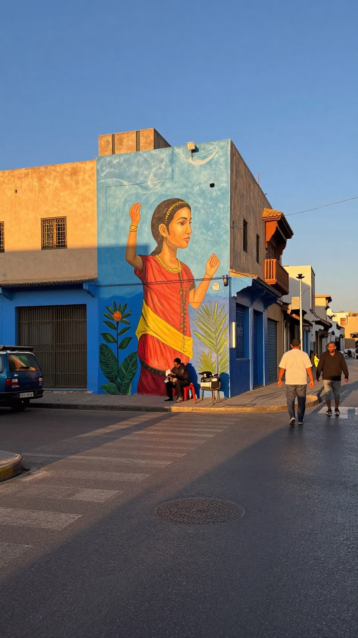 Casablanca Morocco Evening Street Scene with Mural Artist and Local Charm Bracelet in in Casablanca, Morocco