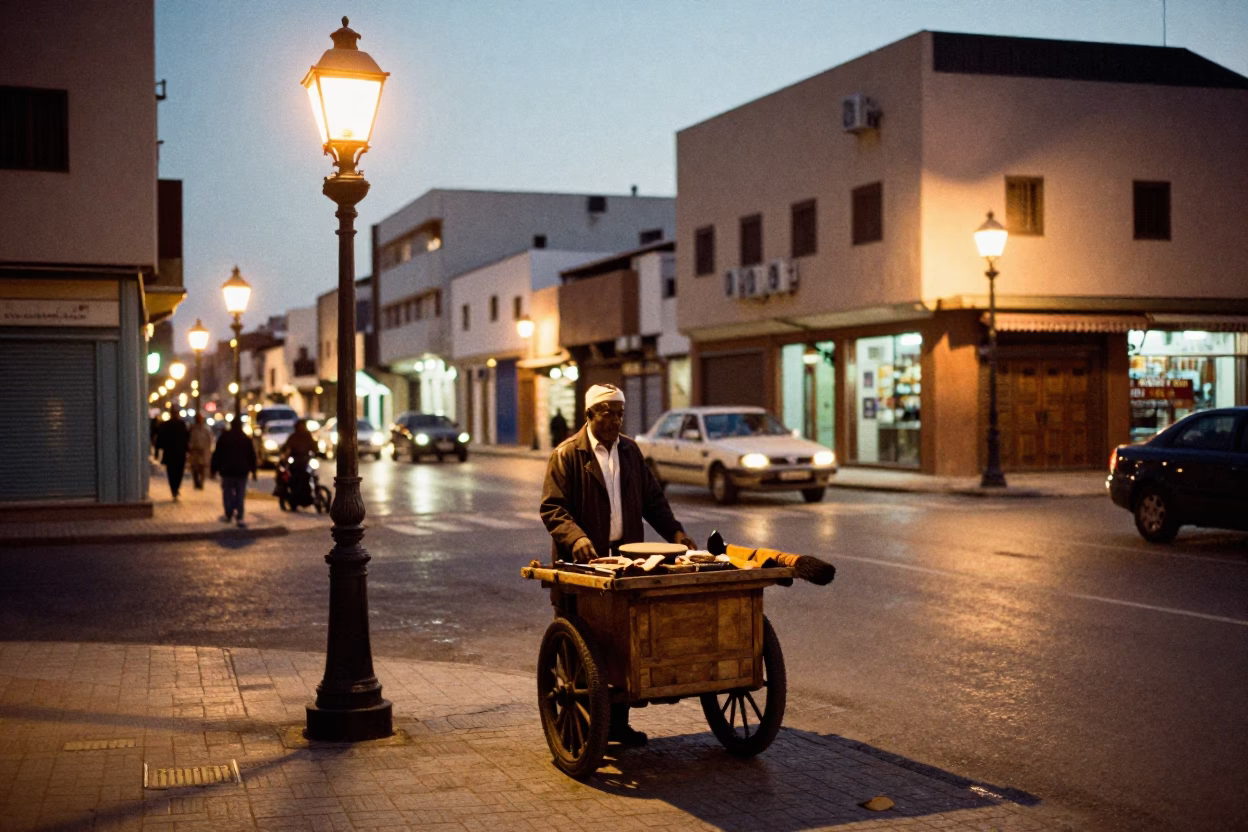Casablanca Morocco Evening Street Scene with Oil Lamp and Brushed Steel Cup in in Casablanca, Morocco