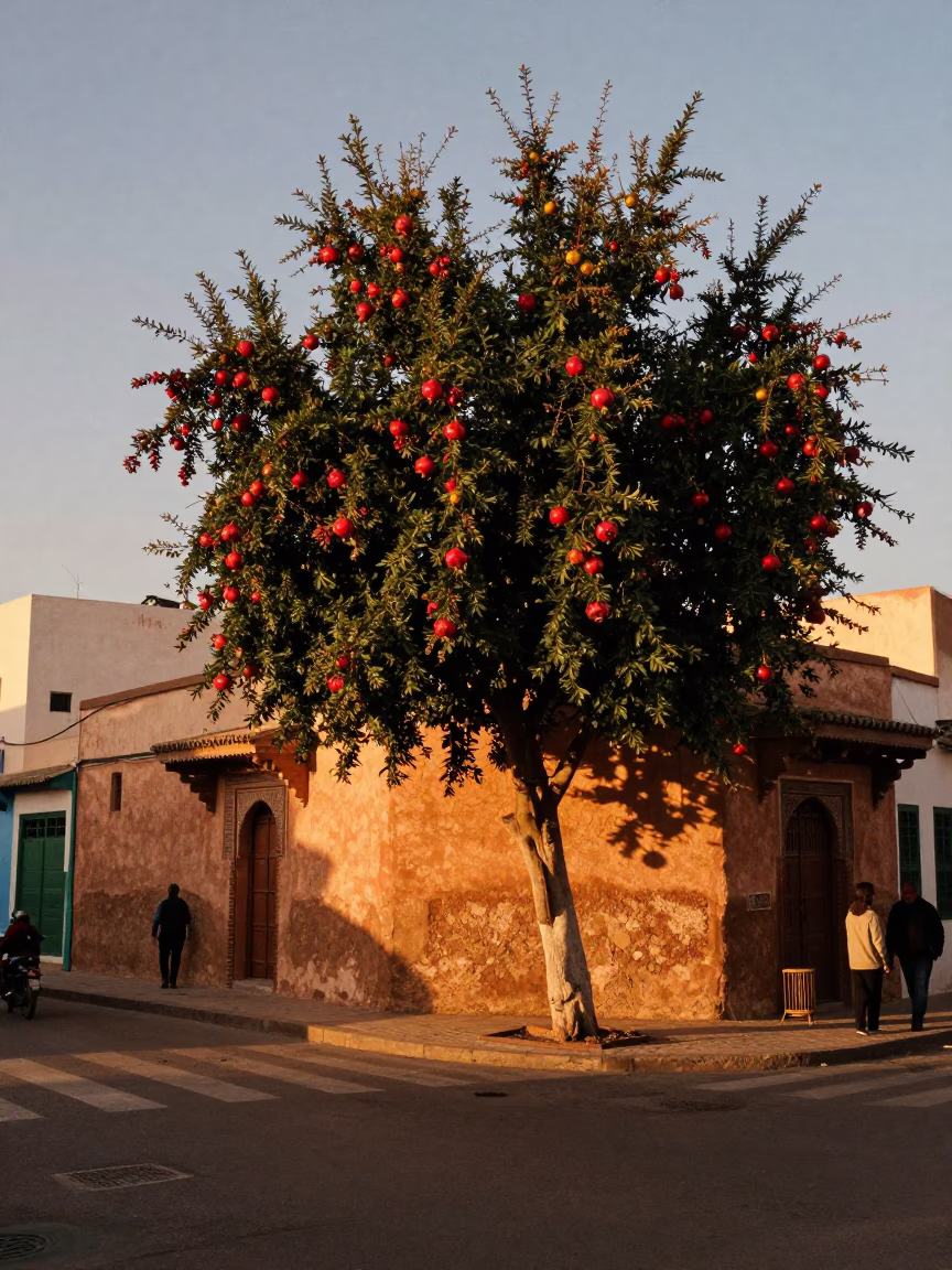 Casablanca Morocco Evening Street Scene with Pomegranate Tree and Traditional Tea Service in in Casablanca, Morocco