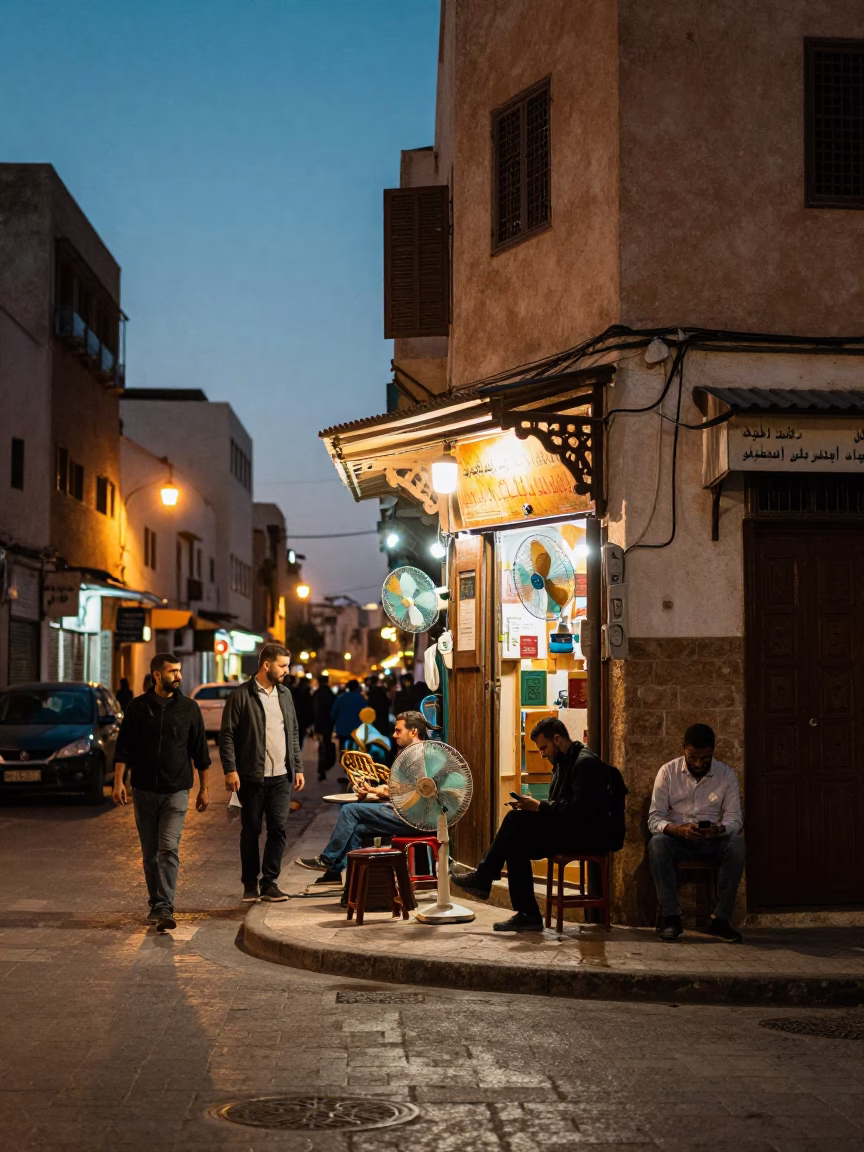 Casablanca Morocco Evening Street Scene with Table Fans and Urban Life in in Casablanca, Morocco