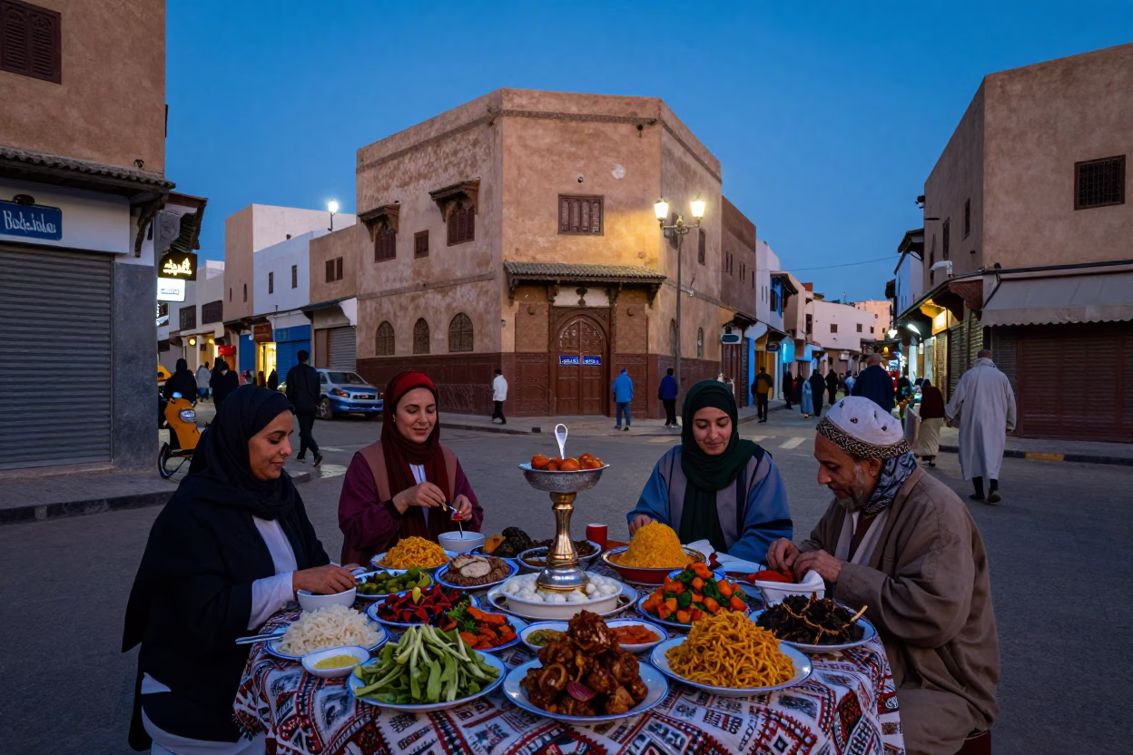 Casablanca Morocco Evening Street Scene with Traditional Food and Local Life in in Casablanca, Morocco
