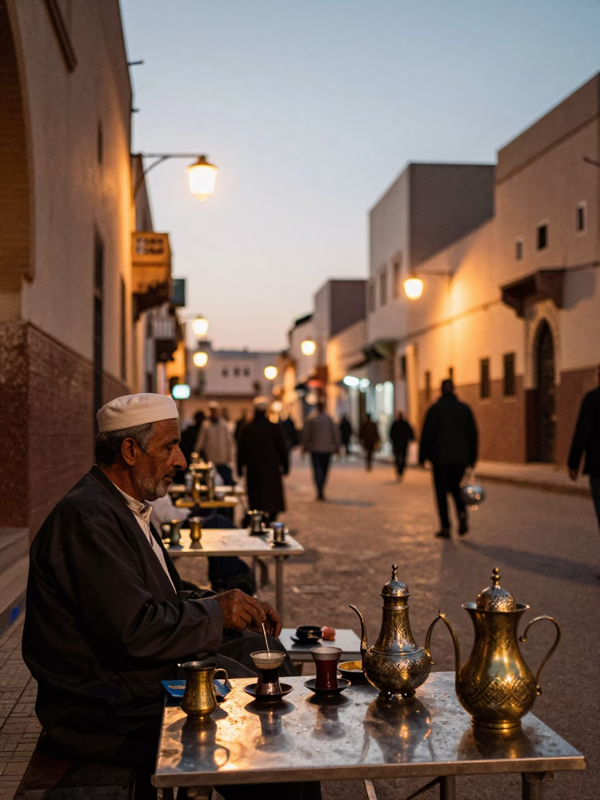 Casablanca Morocco Evening Street Scene with Traditional Tea and Brass Tray in in Casablanca, Morocco