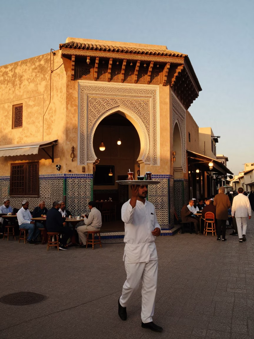 Casablanca Morocco Evening Street Scene with Traditional Tea and Local Architecture in in Casablanca, Morocco