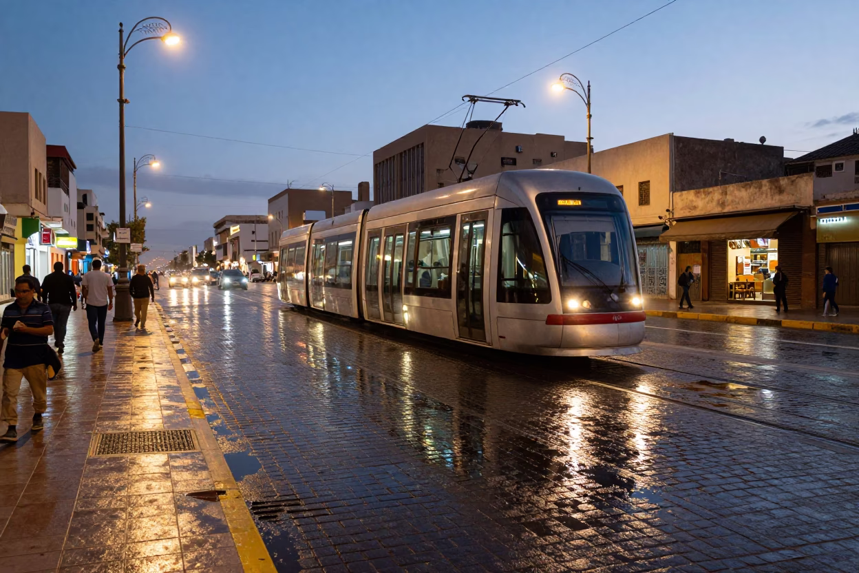 Casablanca Morocco Evening Street Scene with Tram Reflections and Local Life in in Casablanca, Morocco