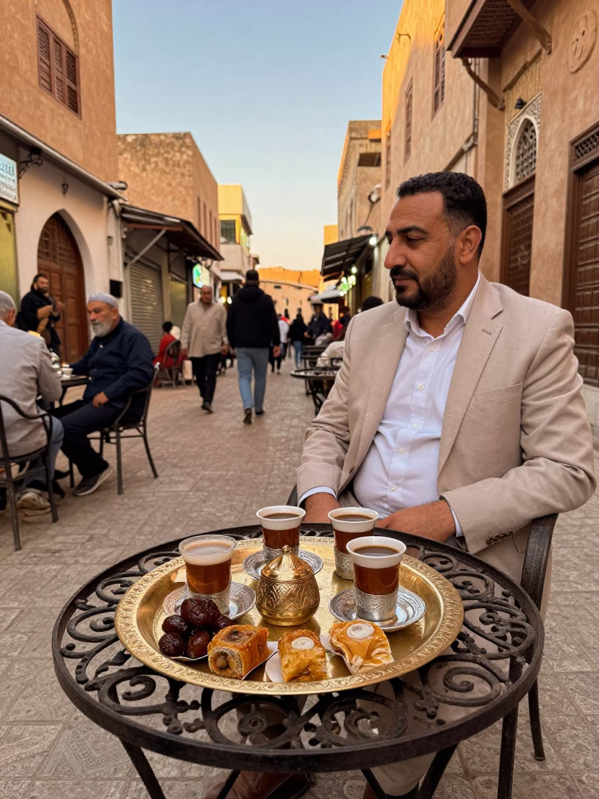 Casablanca Morocco Evening Street Scene with Turkish Coffee and Traditional Maamoul Cookies in in Casablanca, Morocco