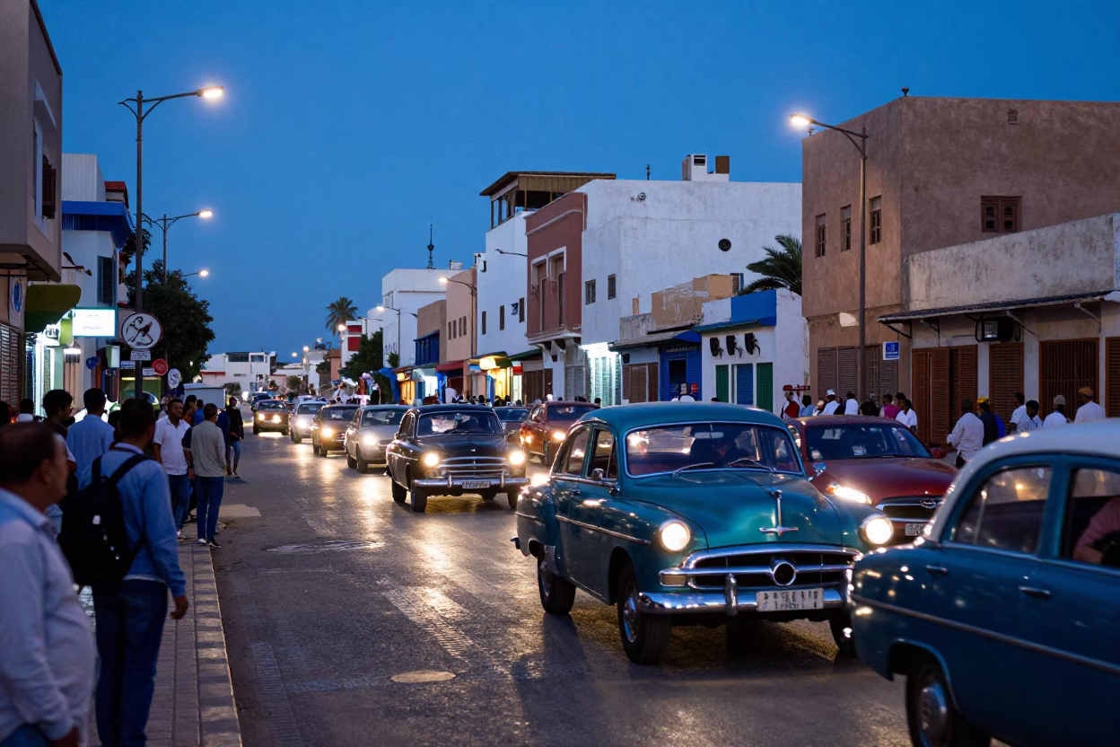 Casablanca Morocco Evening Street Scene with Vintage Car Rally and Hotel Reflections in in Casablanca, Morocco