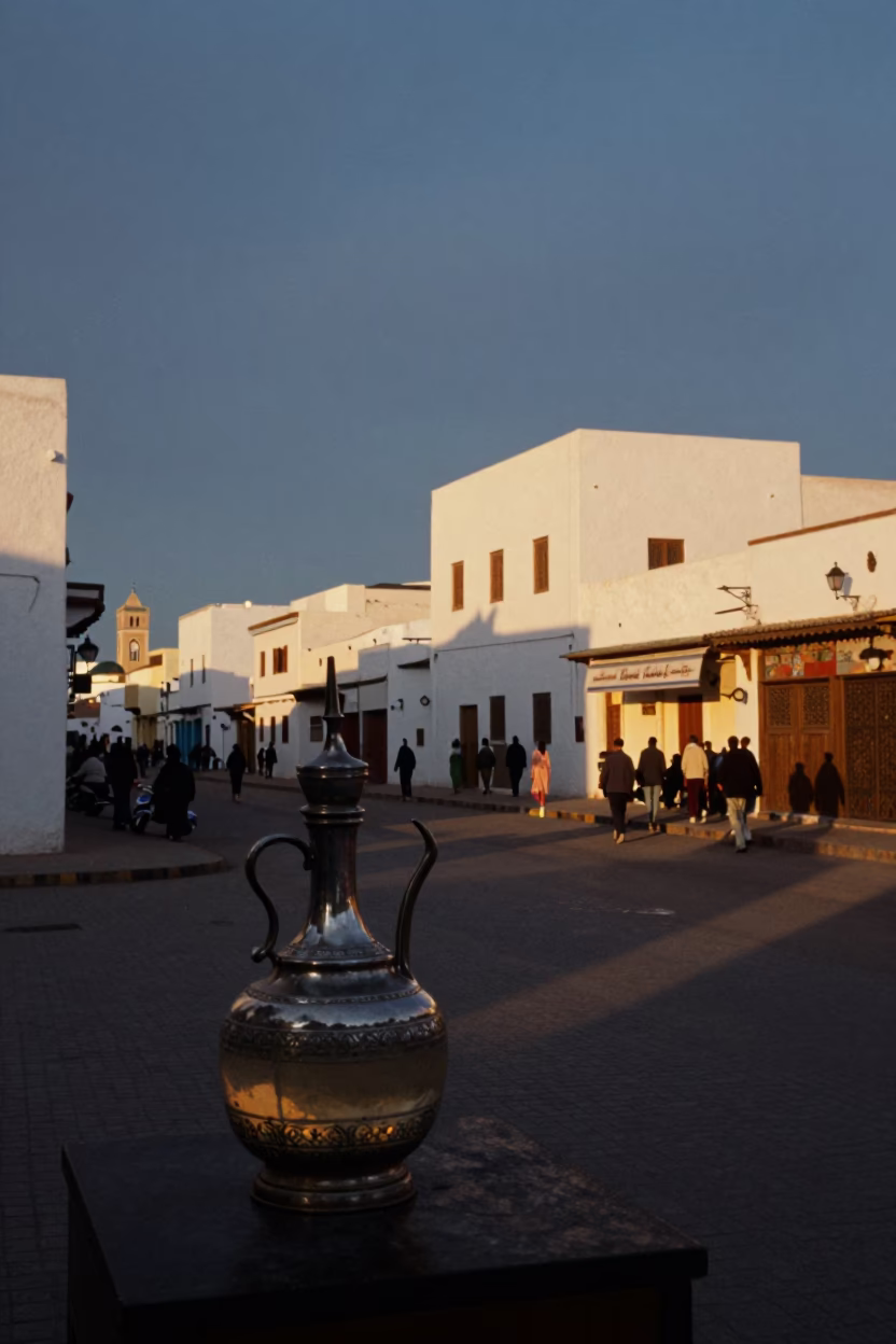 Casablanca Morocco Evening Street Scene with Vintage Decanter and Local Life in in Casablanca, Morocco