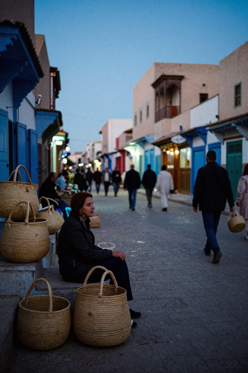 Casablanca Morocco Evening Street Scene with Woven Baskets and Local Market Activity in in Casablanca, Morocco