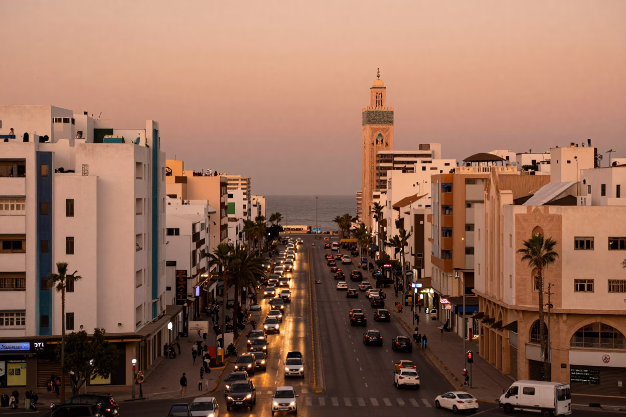 Casablanca Morocco Evening Traffic and Atlantic Horizon Under Copper Dusk Light in in Casablanca, Morocco