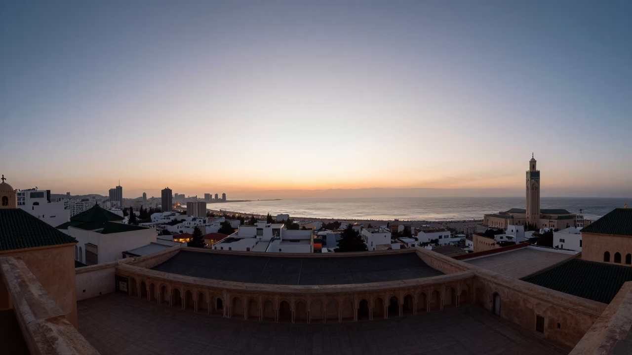 Casablanca Morocco First Light Horizon Shot with Architectural Details and Street Life in in Casablanca, Morocco