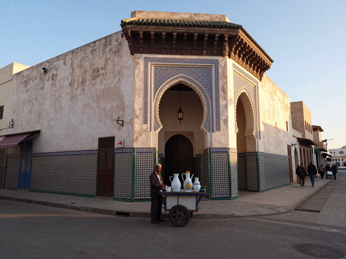Casablanca Morocco First Light Street Scene with Enamel Pitcher and Local Life in in Casablanca, Morocco
