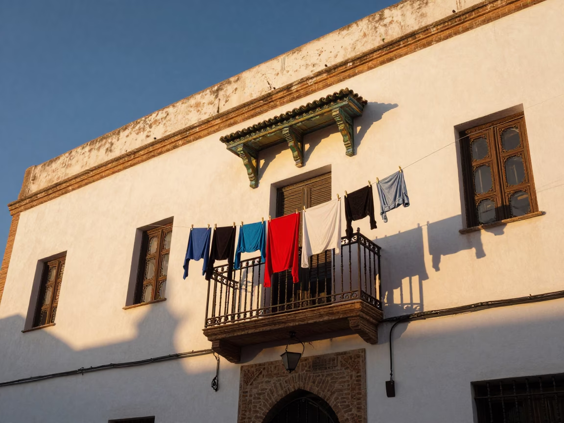 Casablanca Morocco Golden Hour Street Scene Laundry Pins on Balcony in in Casablanca, Morocco