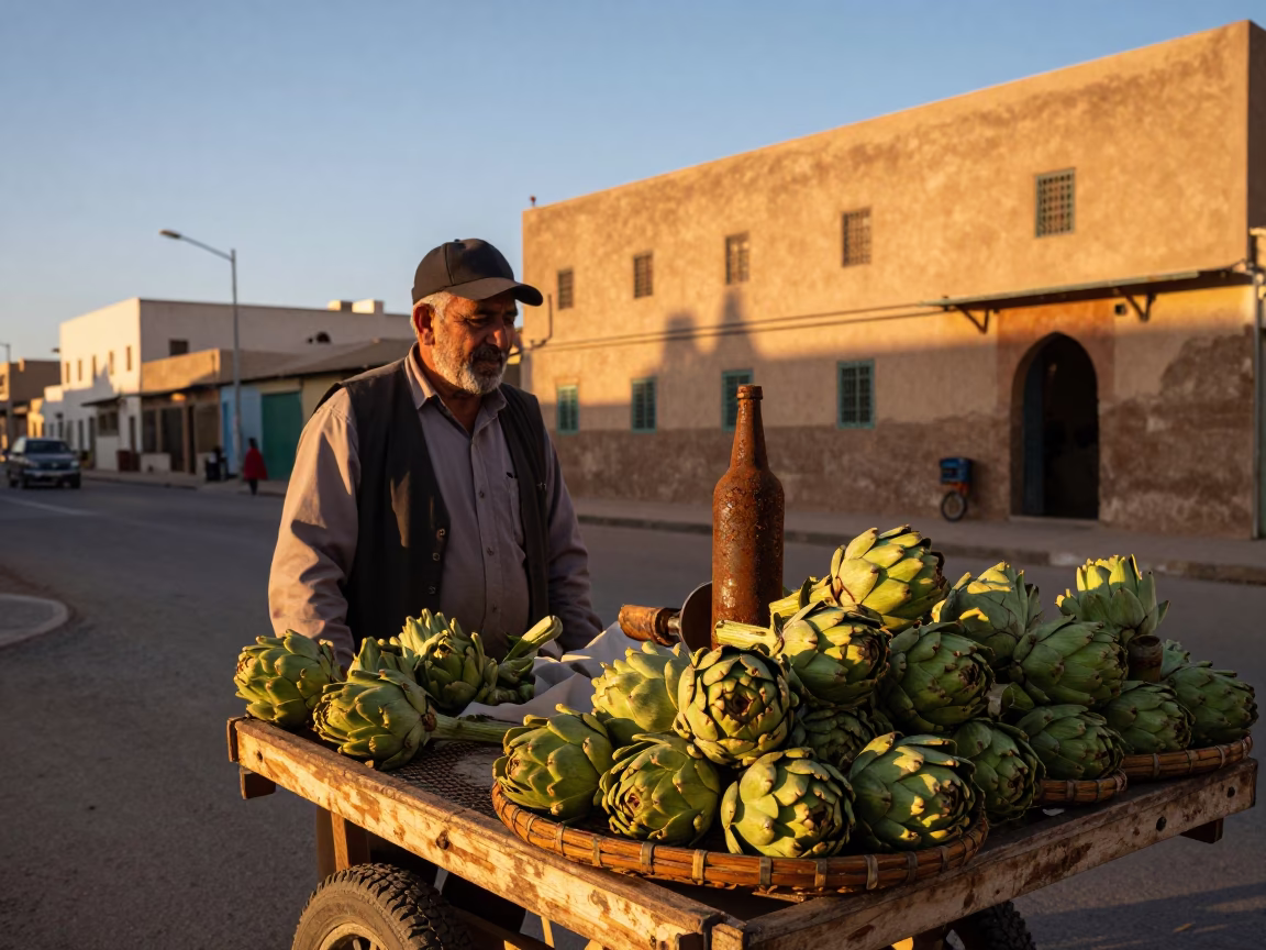 Casablanca Morocco Golden Hour Street Scene with Artichokes and Rusty Bottle Neck in in Casablanca, Morocco