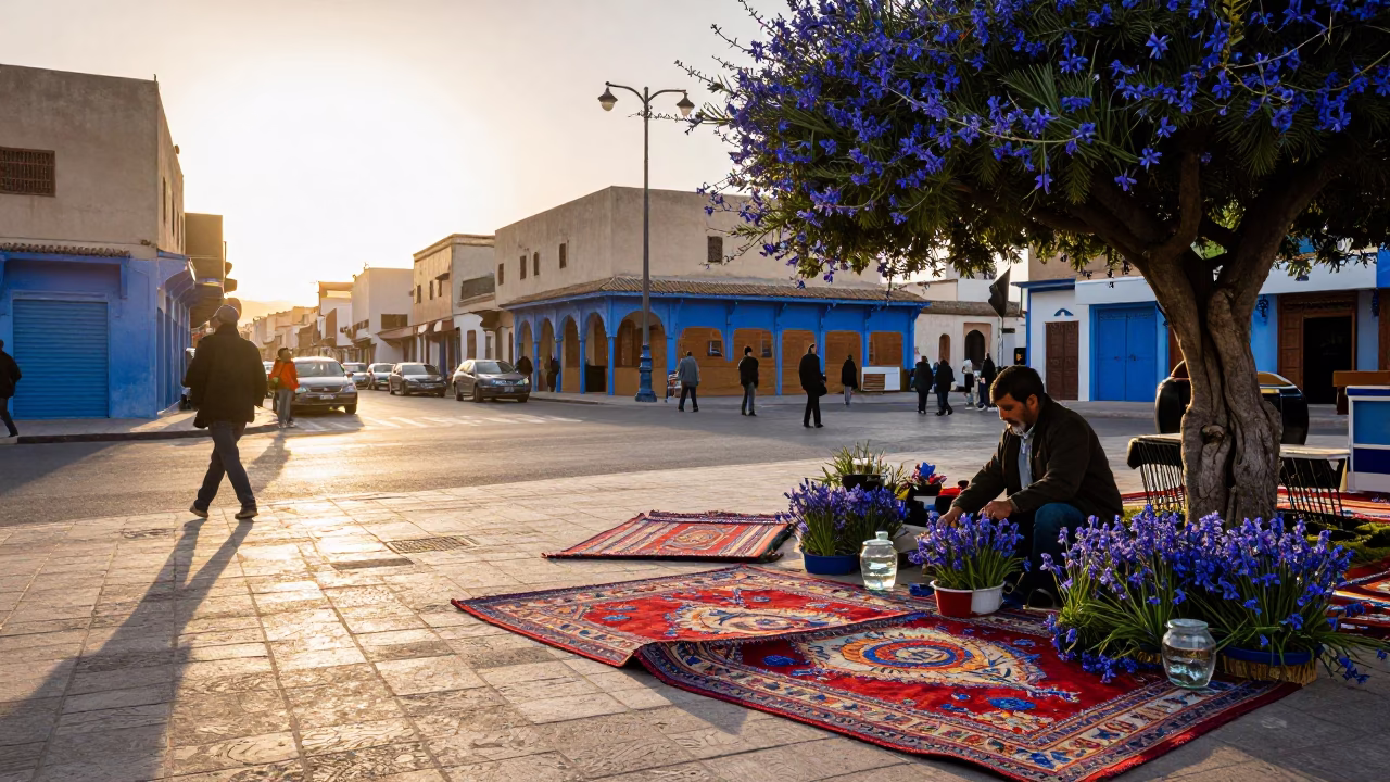 Casablanca Morocco Golden Hour Street Scene with Bluebell Carpet and Clear Glass Frame in in Casablanca, Morocco