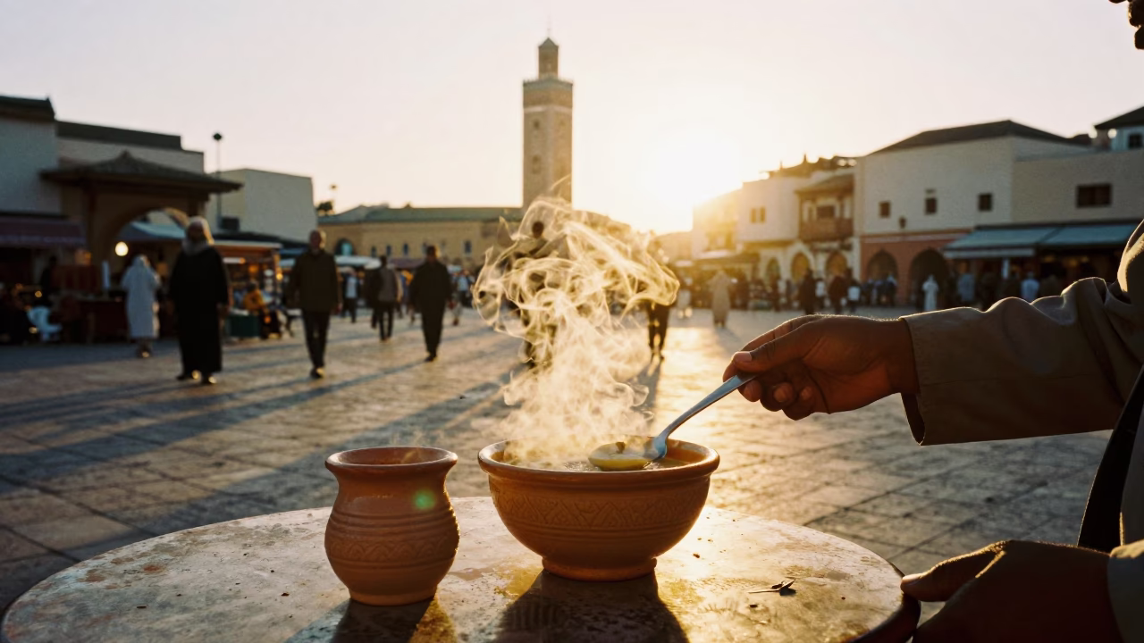 Casablanca Morocco Golden Hour Street Scene with Ceramic Cup and Harira Soup in in Casablanca, Morocco