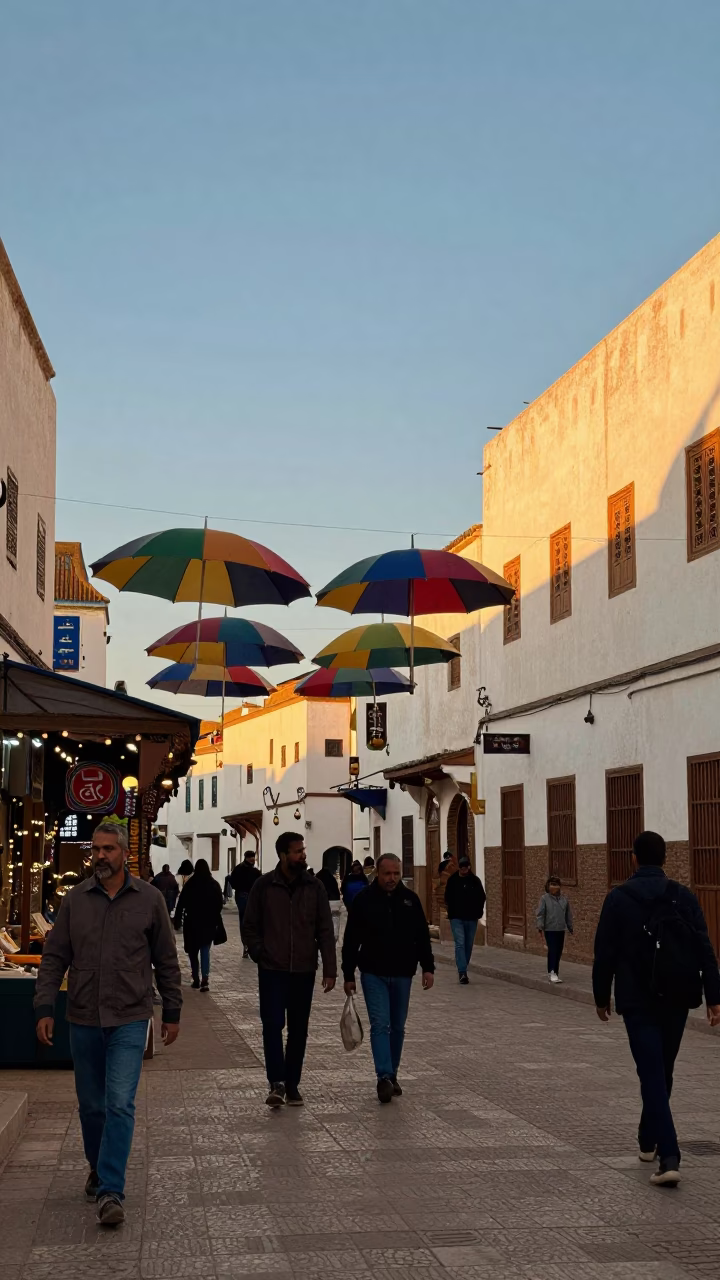 Casablanca Morocco Golden Hour Street Scene with Colorful Umbrellas and Traditional Architecture in in Casablanca, Morocco