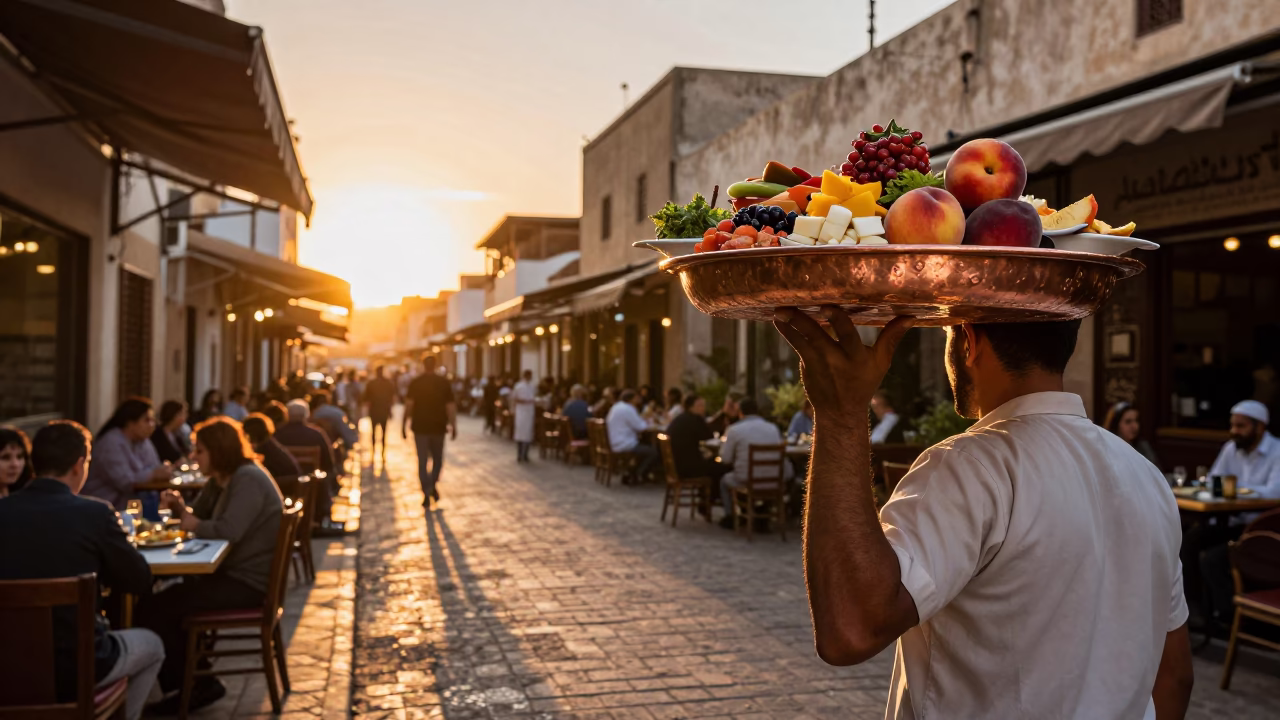 Casablanca Morocco Golden Hour Street Scene with Copper Tray Mezze and Peaches in in Casablanca, Morocco