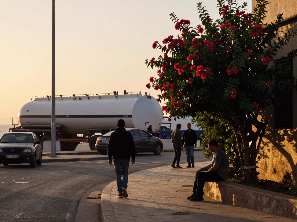 Casablanca Morocco Golden Hour Street Scene with Tanker Ship and Gardenia Bush in in Casablanca, Morocco