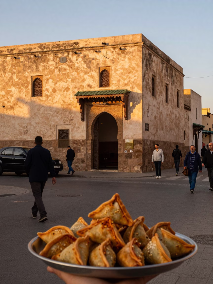 Casablanca Morocco Golden Hour Street Scene with Tray of Spiced Sambusa and Urban Life in in Casablanca, Morocco