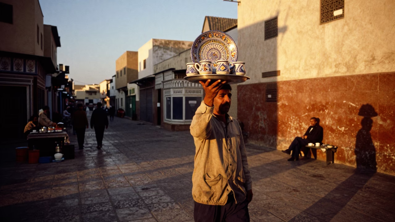 Casablanca Morocco Golden Hour Street Scene with Vintage Majolica Plate and Coffee in in Casablanca, Morocco