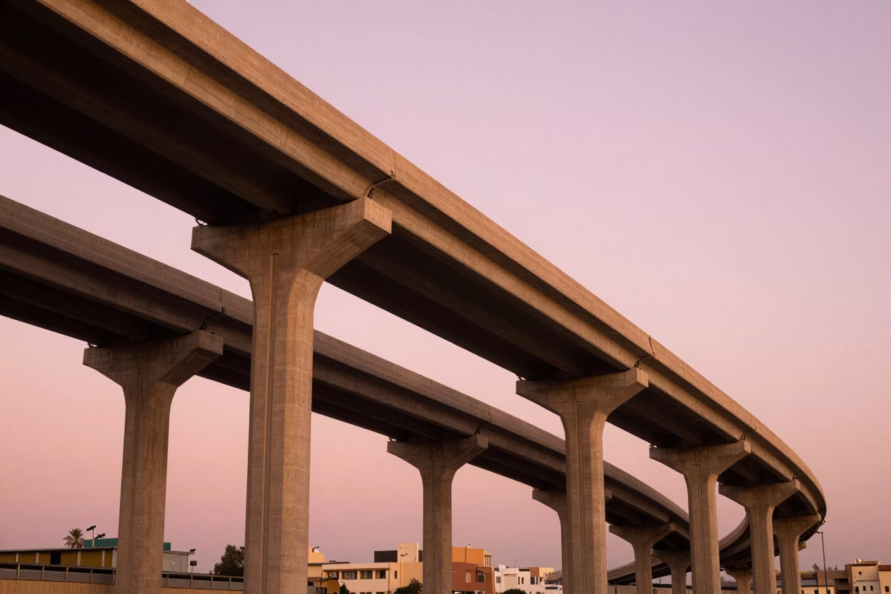 Casablanca Morocco Highway Flyover Stack Against Pink Evening Sky 1950s Style in in Casablanca, Morocco