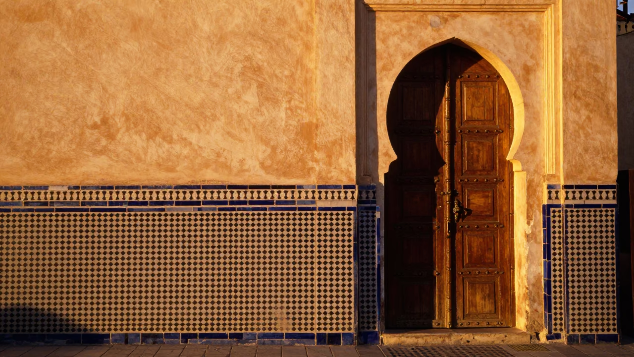 Casablanca Morocco Honeyed Evening Light Ceramic Tiles and Traditional Door Wreaths on Historic Street in in Casablanca, Morocco