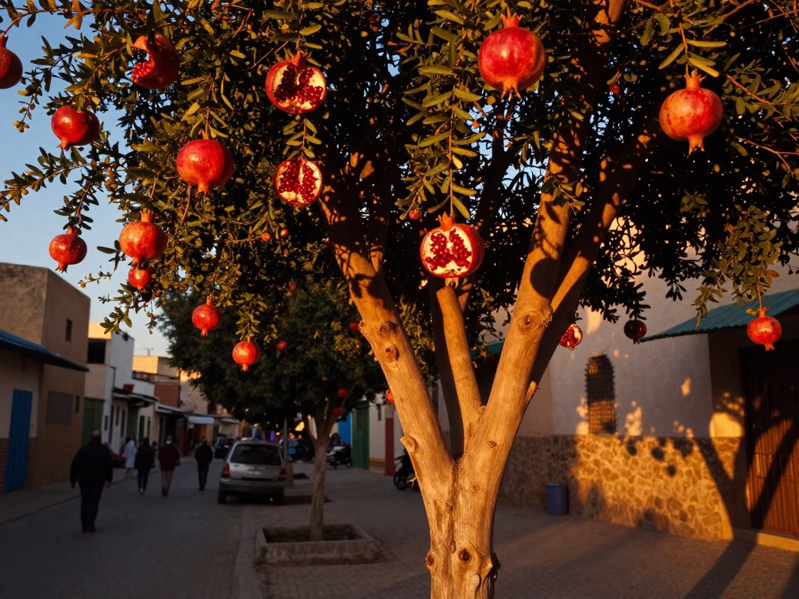 Casablanca Morocco honeyed evening light pomegranate tree split fruit street scene in in Casablanca, Morocco