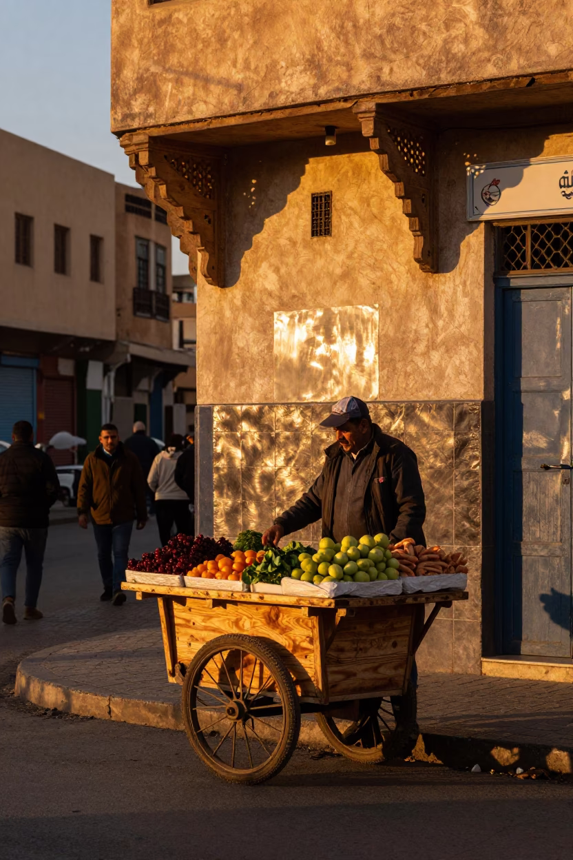 Casablanca Morocco Honeyed Evening Light Street Scene with Brushed Steel and Dust in in Casablanca, Morocco