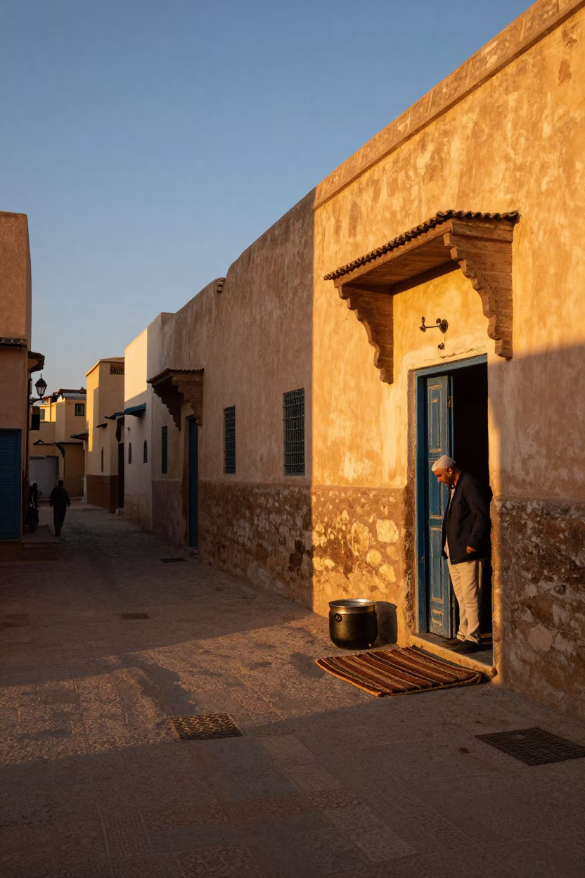 Casablanca Morocco Honeyed Evening Light Street Scene with Cooking Pot and Door Mats in in Casablanca, Morocco