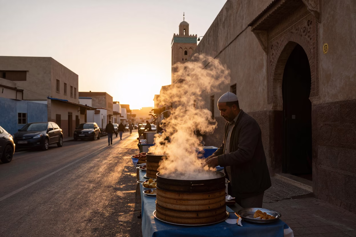 Casablanca Morocco honeyed evening light street scene with local food vendor in in Casablanca, Morocco