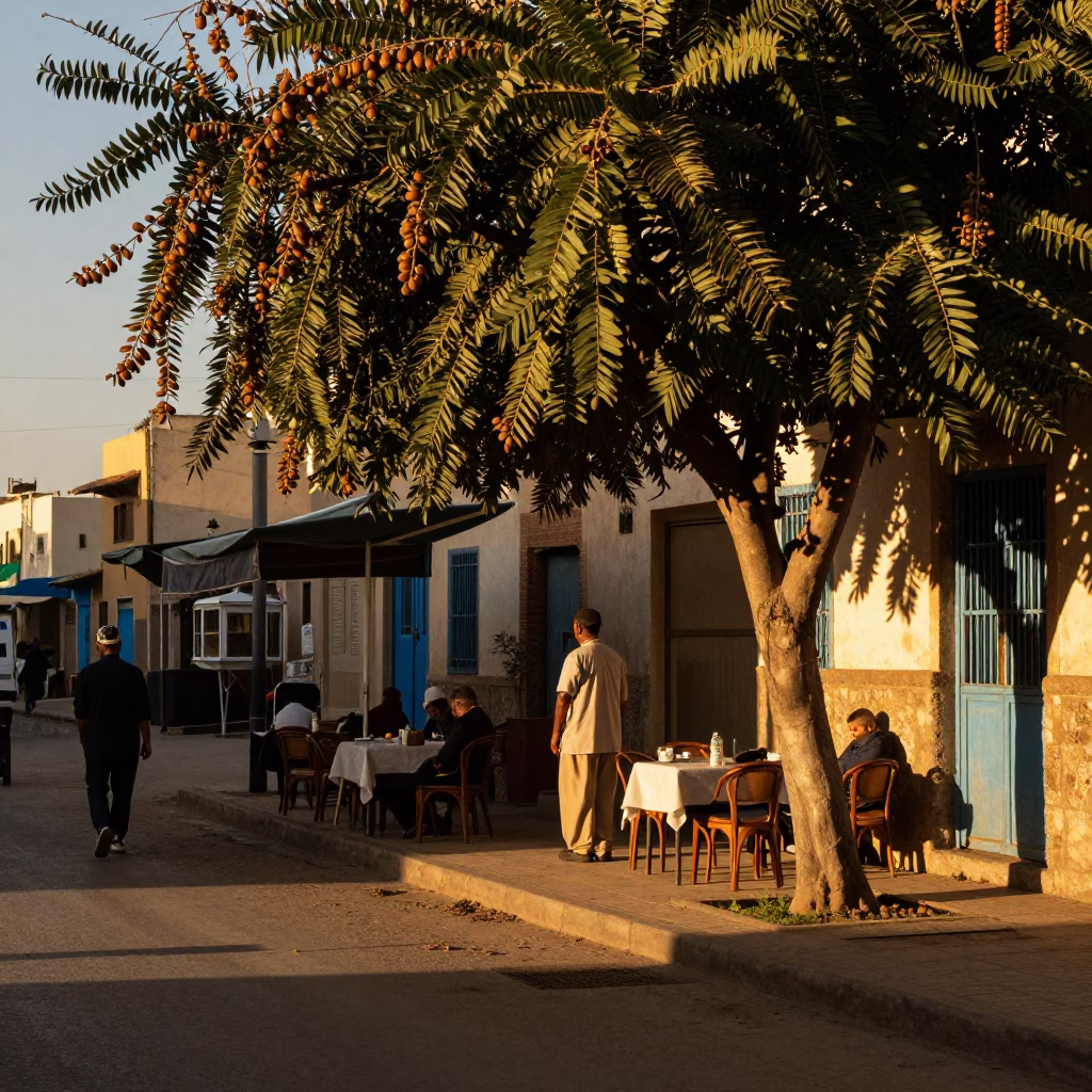 Casablanca Morocco honeyed evening light street scene with tamarind tree and brushed steel details in in Casablanca, Morocco
