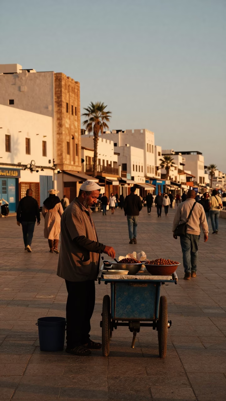 Casablanca Morocco honeyed evening light street scene with traditional architecture and local life in in Casablanca, Morocco