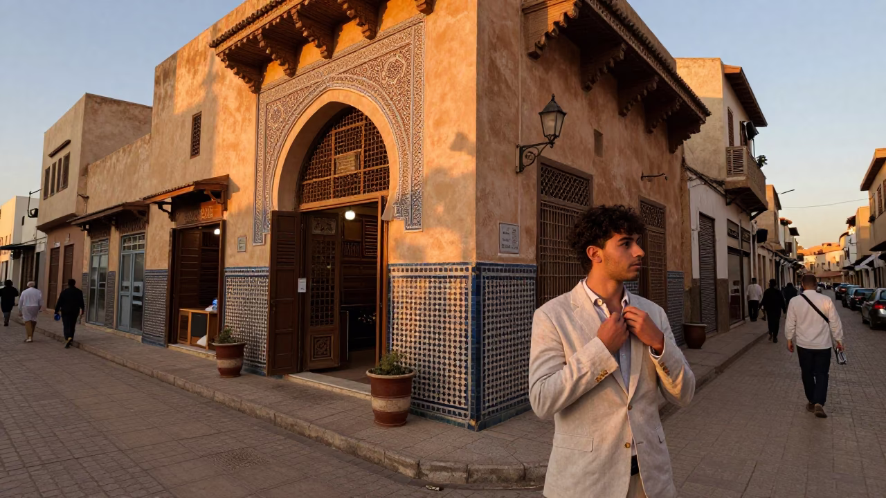 Casablanca Morocco honeyed evening light street scene with vintage details in in Casablanca, Morocco