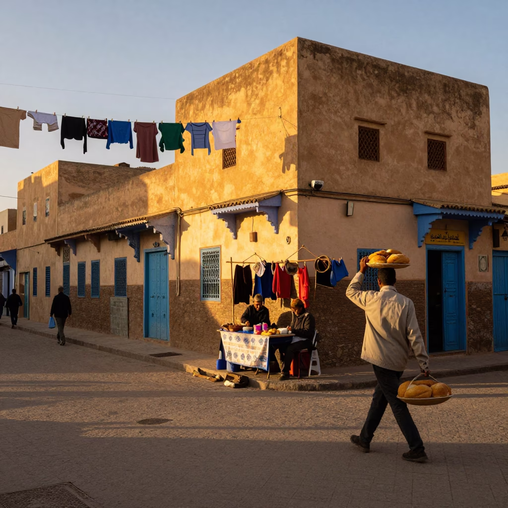 Casablanca Morocco Honeyed Evening Street Scene with Laundry Pins and Urban Life in in Casablanca, Morocco