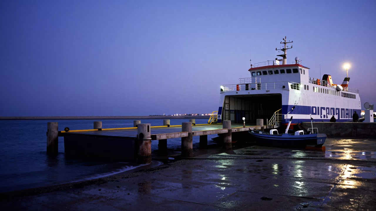 Casablanca Morocco indigo twilight ferry ramp piling system low tide street scene in in Casablanca, Morocco
