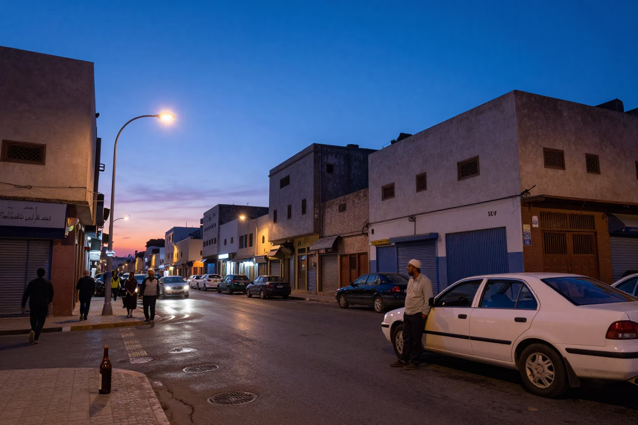 Casablanca Morocco indigo twilight street scene with bottle and urban architecture in in Casablanca, Morocco