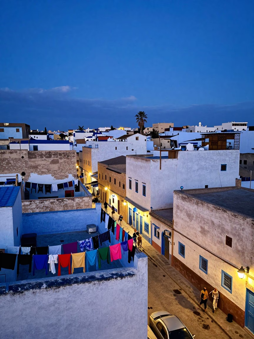 Casablanca Morocco indigo twilight street scene with colorful laundry and urban life in in Casablanca, Morocco