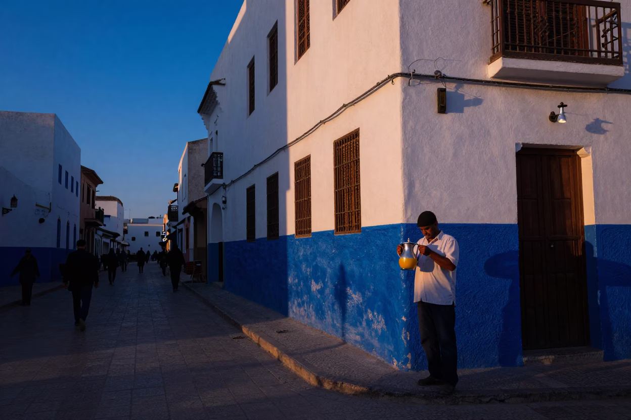 Casablanca Morocco Indigo Twilight Street Scene with Enamel Pitcher and Local Life in in Casablanca, Morocco