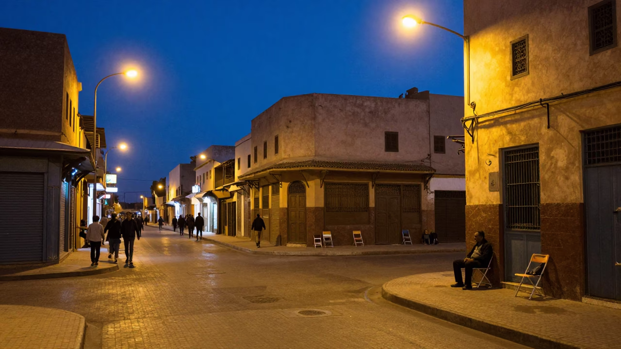 Casablanca Morocco indigo twilight street scene with folding chair and urban life in in Casablanca, Morocco