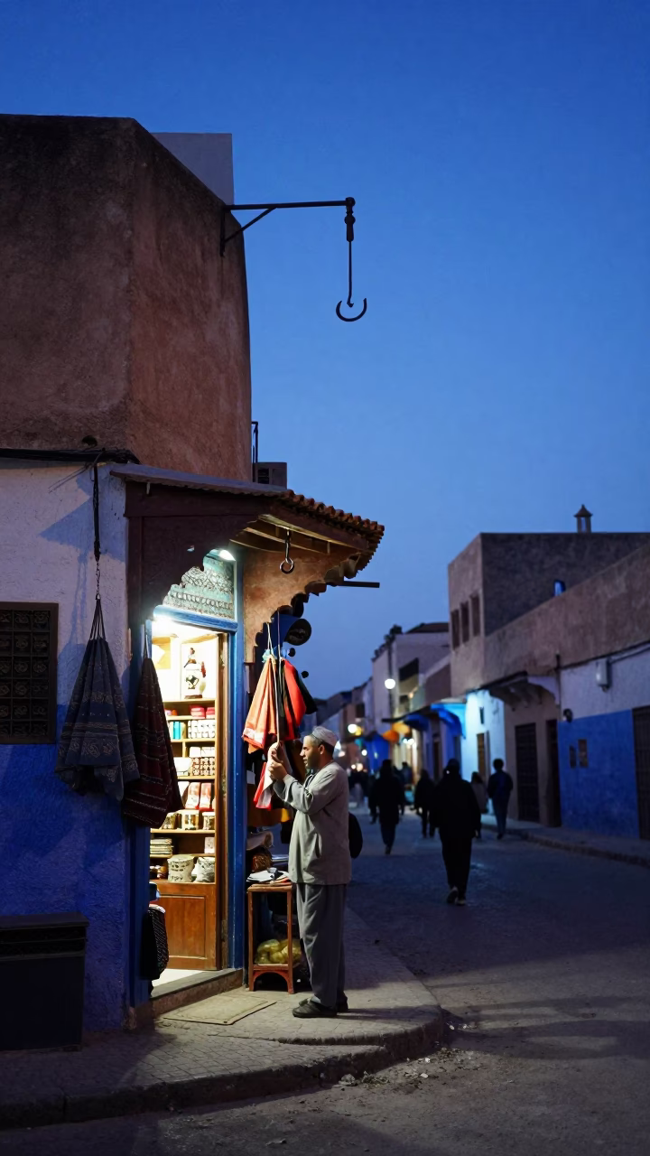 Casablanca Morocco indigo twilight street scene with iron hook and shirt hanger in in Casablanca, Morocco