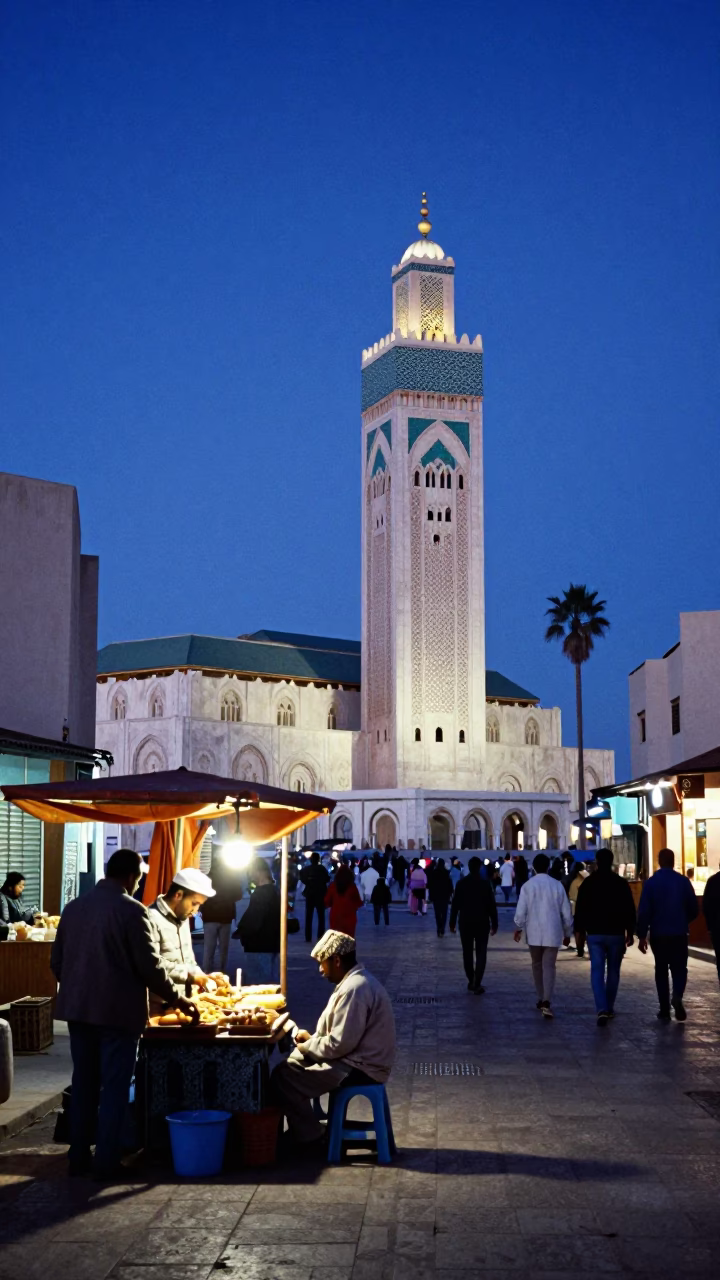 Casablanca Morocco indigo twilight street scene with local vendor and traditional items in in Casablanca, Morocco