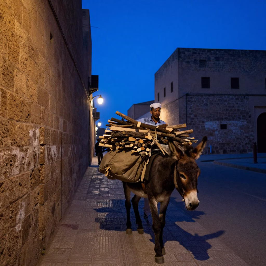 Casablanca Morocco indigo twilight street scene with man loading donkey firewood in in Casablanca, Morocco