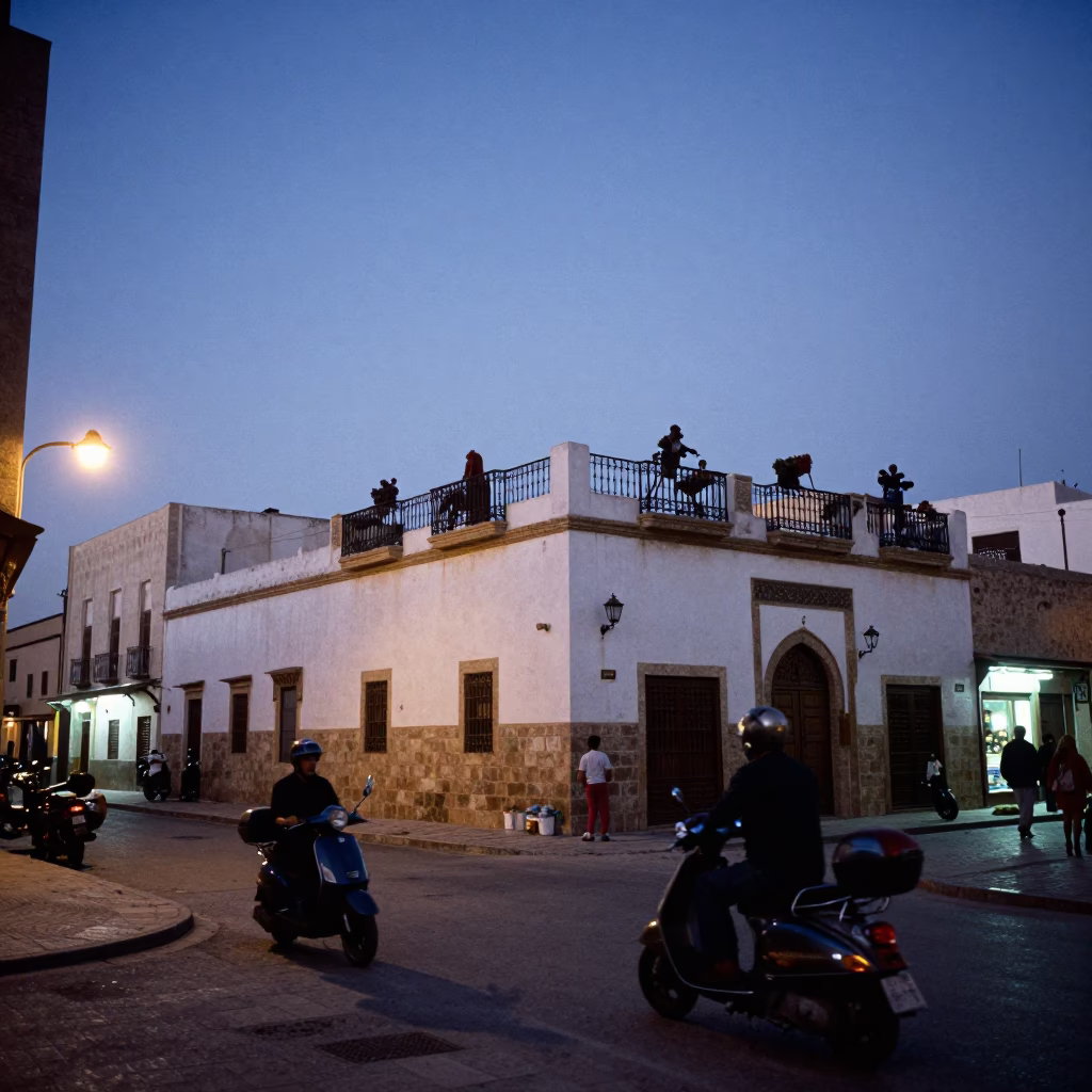 Casablanca Morocco indigo twilight street scene with scooter and fresh citrus peel in in Casablanca, Morocco