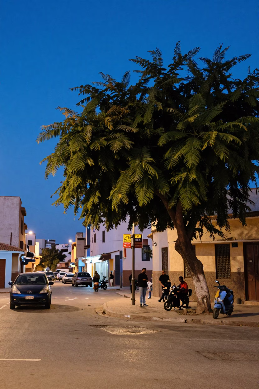 Casablanca Morocco indigo twilight street scene with tamarind tree and local life in in Casablanca, Morocco