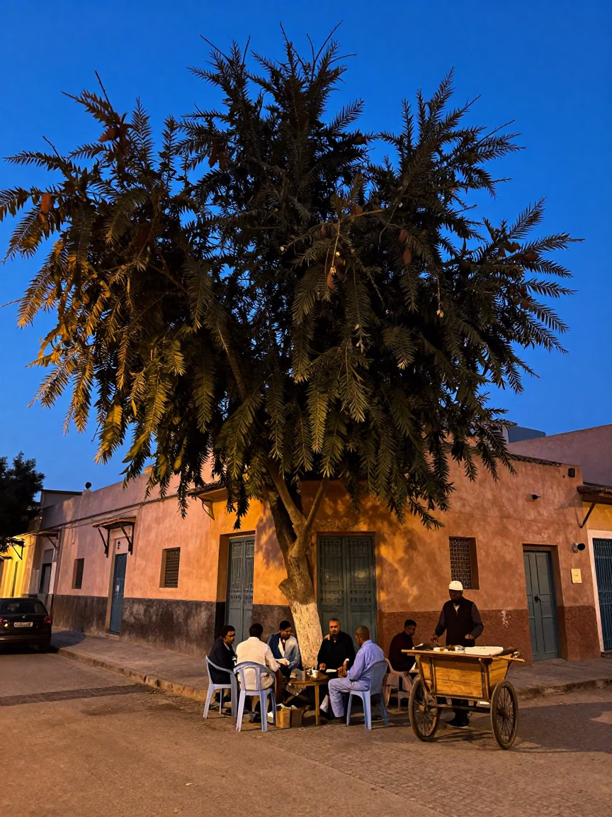 Casablanca Morocco indigo twilight street scene with tamarind tree and paper fan in in Casablanca, Morocco