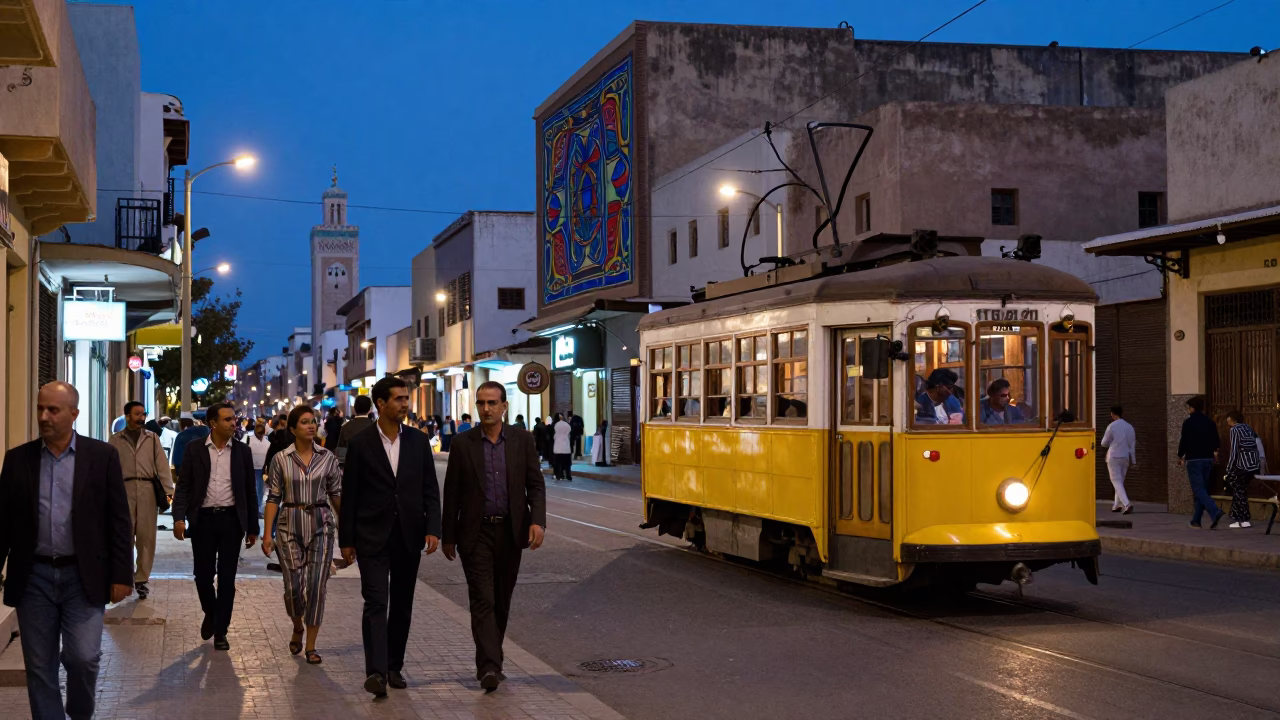 Casablanca Morocco indigo twilight street scene with tram and Art Nouveau architecture in in Casablanca, Morocco