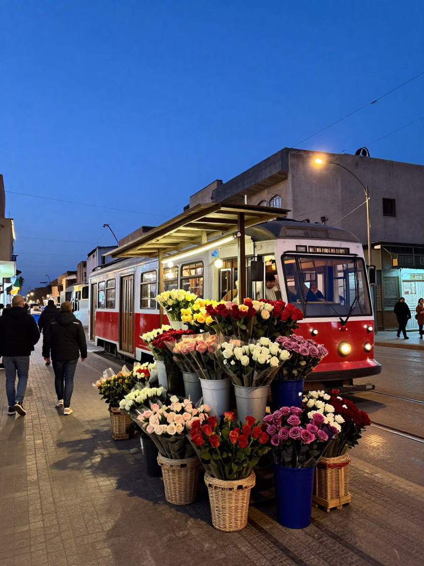 Casablanca Morocco indigo twilight street scene with tram and flower market in in Casablanca, Morocco