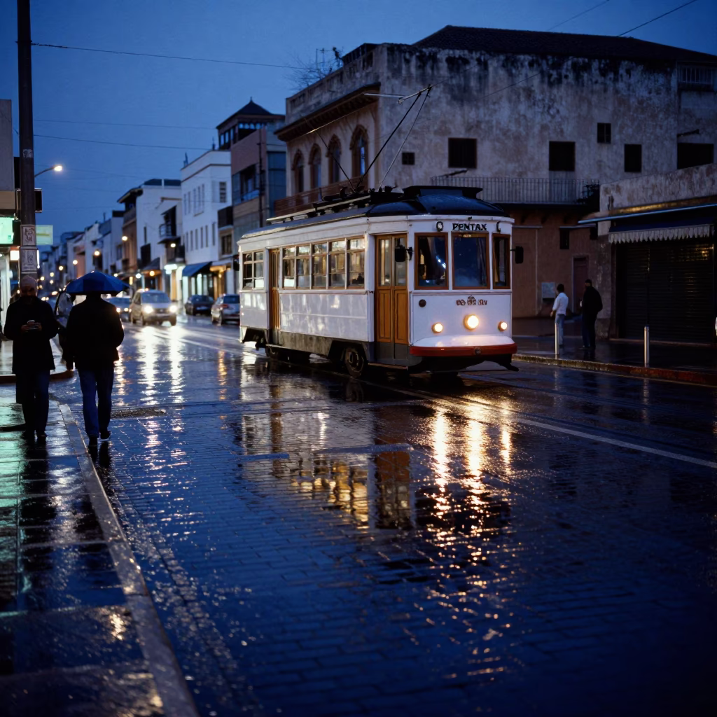 Casablanca Morocco Indigo Twilight Street Scene with Tramcar Reflection on Wet Cobblestones in in Casablanca, Morocco