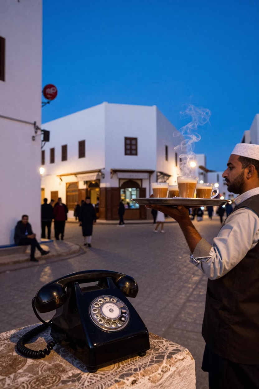Casablanca Morocco indigo twilight street scene with vintage Bakelite telephone and chai in in Casablanca, Morocco