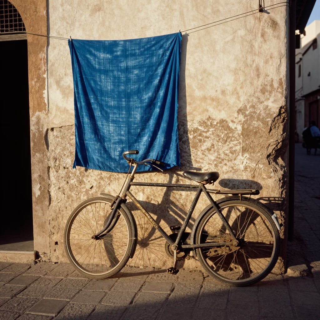 Casablanca Morocco late afternoon street scene with bicycle and indigo fabric drying in in Casablanca, Morocco